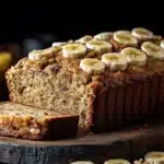 The Ultimate Banana Bread Recipe Using Just 2 Bananas 9 Moist banana bread made with two bananas, sliced on a wooden board with fresh bananas.