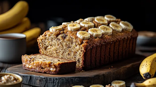 Moist banana bread made with two bananas, sliced on a wooden board with fresh bananas.