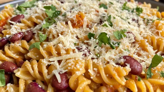 Pasta and beans dish with fresh herbs and grated cheese.