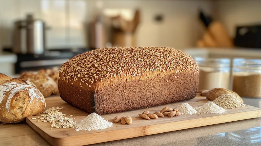 Rustic homemade bread with flour alternatives on a cutting board.