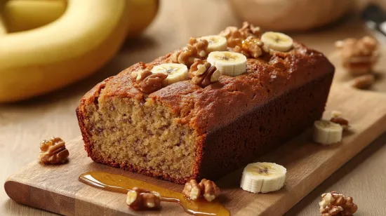 Freshly baked banana bread with bananas and nuts.