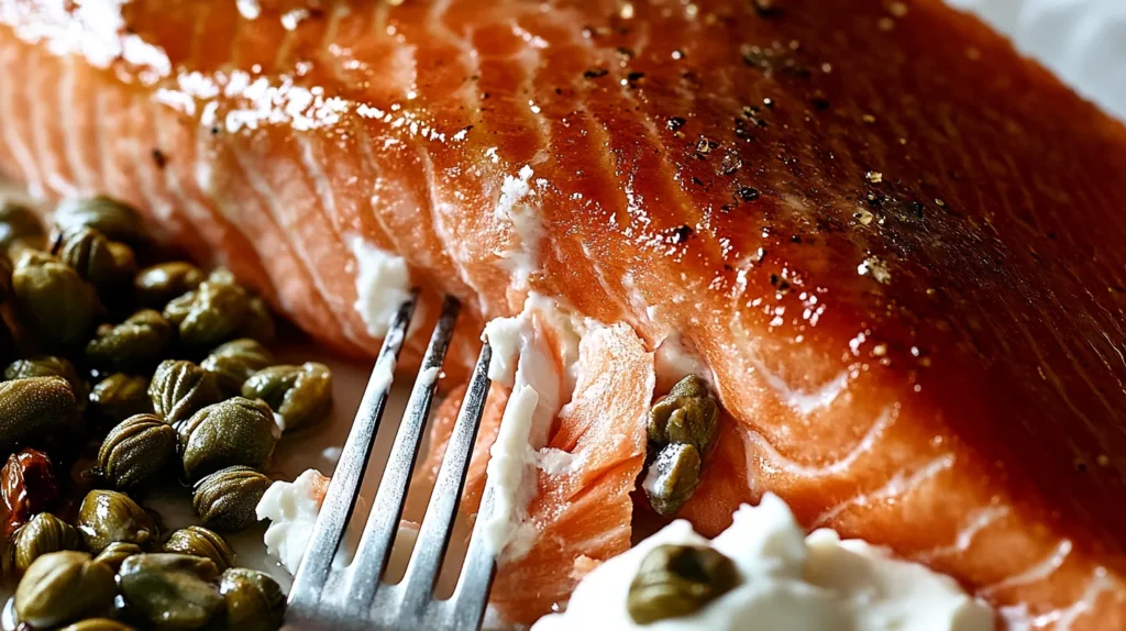 Perfectly smoked salmon fillet served with capers and cream cheese.