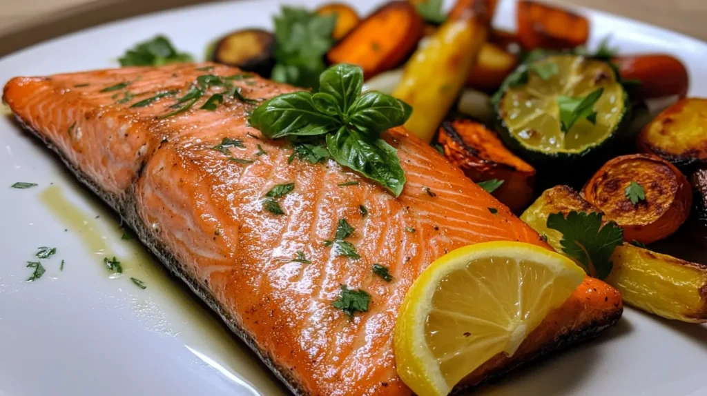 Brined salmon filet served with roasted vegetables and lemon