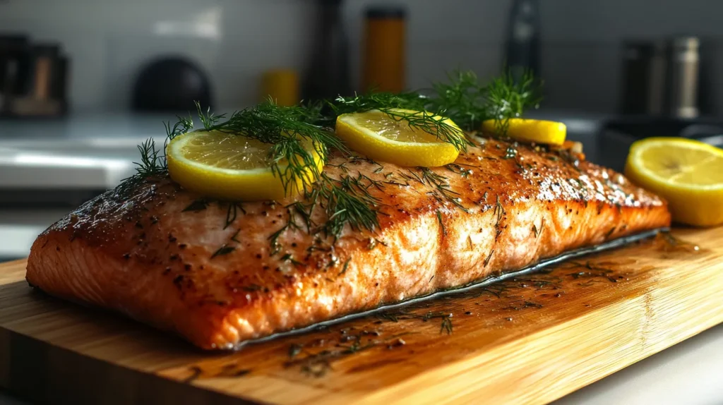 Smoked salmon fillet with fresh dill and lemon slices on a wooden board.