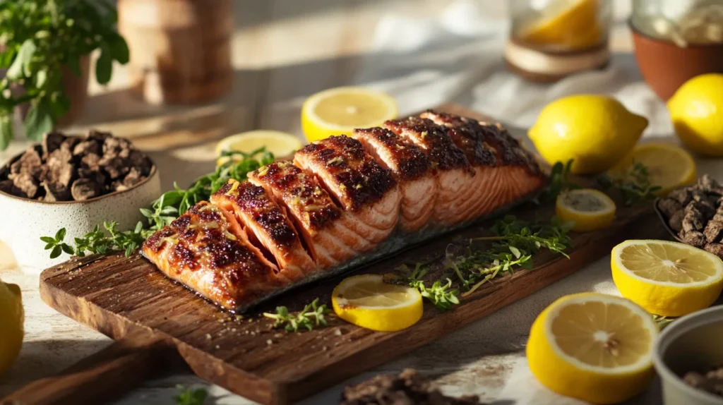 Smoked salmon fillet on a wooden board with herbs and lemon.