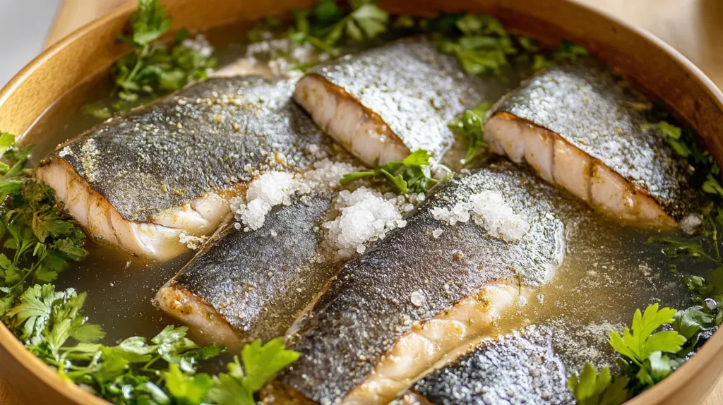 Fish fillets submerged in brine with salt, sugar, and herbs.