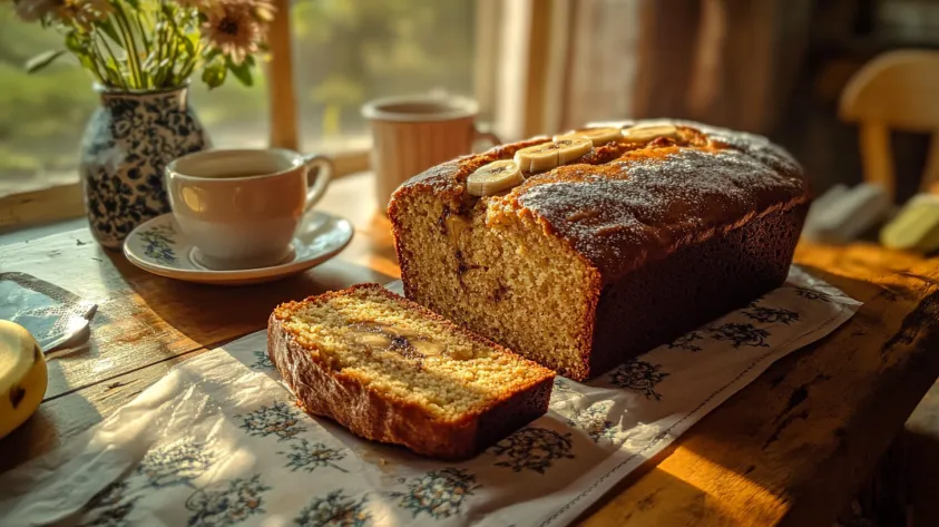 A loaf of banana bread with a slice cut out, showing moist texture, paired with coffee and flowers on a rustic table.