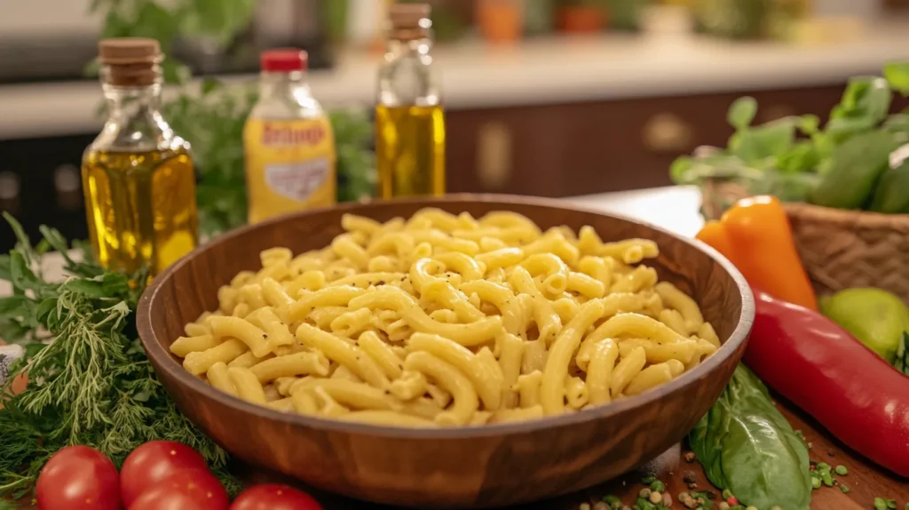 Ditalini pasta styled with fresh vegetables, herbs, and olive oil.