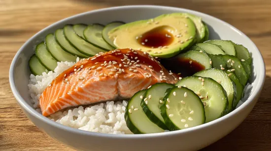 Salmon rice bowl recipe with fresh avocado, cucumber, and sesame seeds.