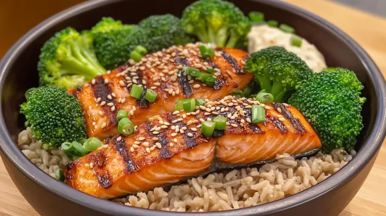 Grilled salmon over brown rice garnished with sesame seeds and vegetables.