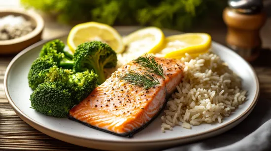 Perfectly plated salmon fillet with jasmine rice and vegetables