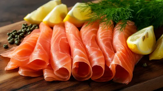 Thinly sliced smoked salmon on a wooden board with garnishes.