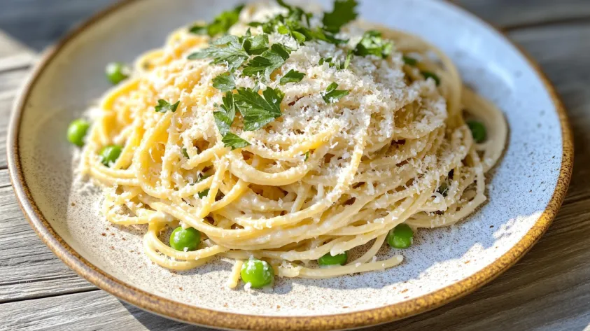 Creamy pasta with peas garnished with Parmesan and herbs.