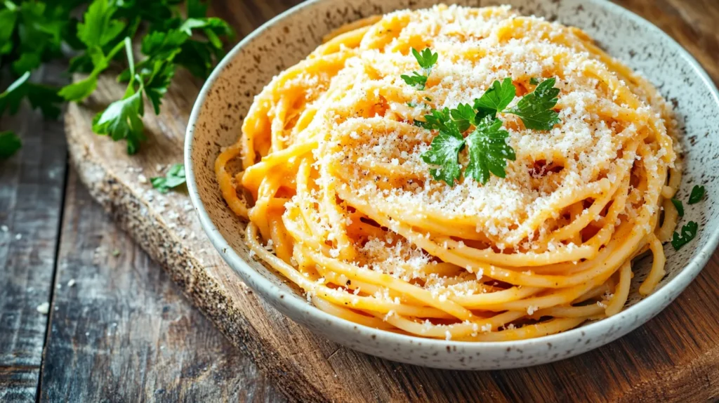 A bowl of Pasta e Piselli with Parmesan cheese and parsley.