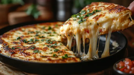 Golden quesadilla on a skillet with melted cheese and fresh garnish.