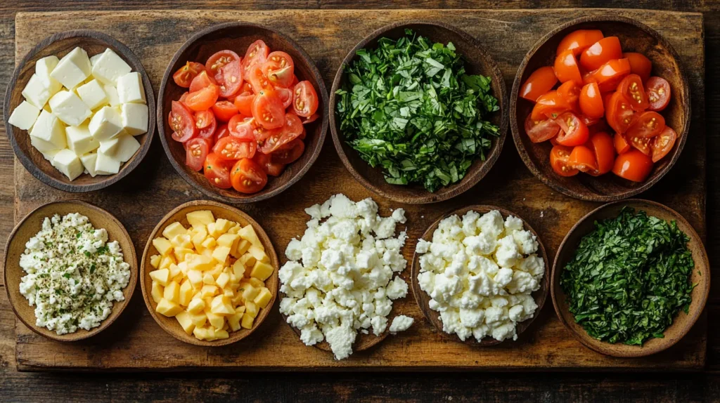 Ingredients for a Greek omelette, including eggs, feta cheese, tomatoes, onions, olive oil, and fresh herbs.