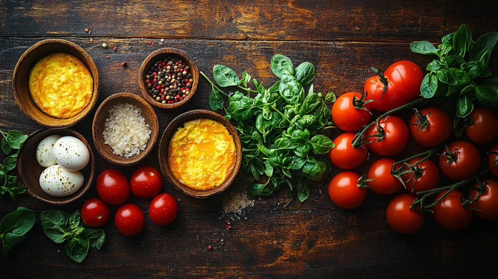 Fresh ingredients for a classic frittata including eggs, cherry tomatoes, spinach, mozzarella, and fresh herbs.