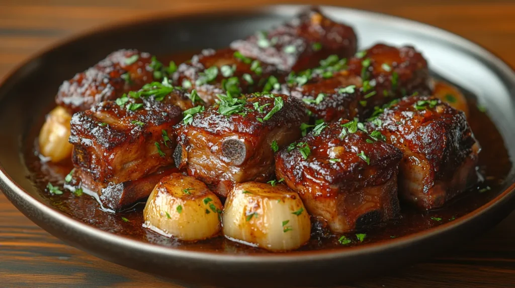 A dish of braised oxtails and short ribs in rich sauce garnished with parsley.