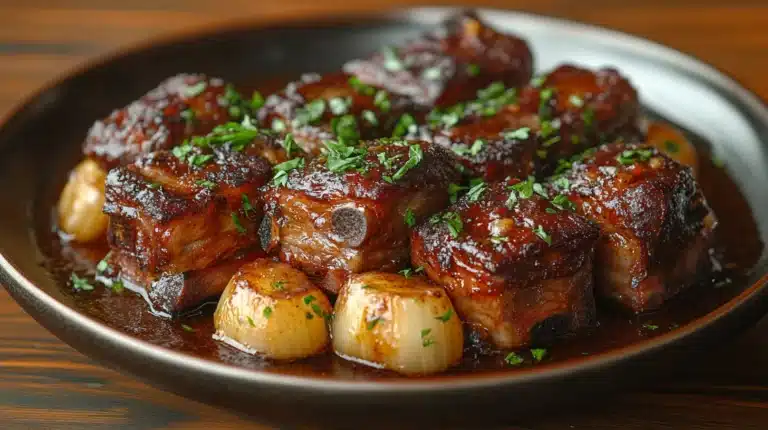 Can Oxtails and Short Ribs Be Cooked Together? A Complete Guide 8 A dish of braised oxtails and short ribs in rich sauce garnished with parsley.