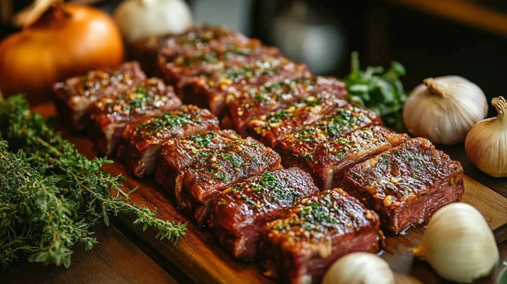 Raw oxtail and short ribs on a wooden cutting board with herbs.