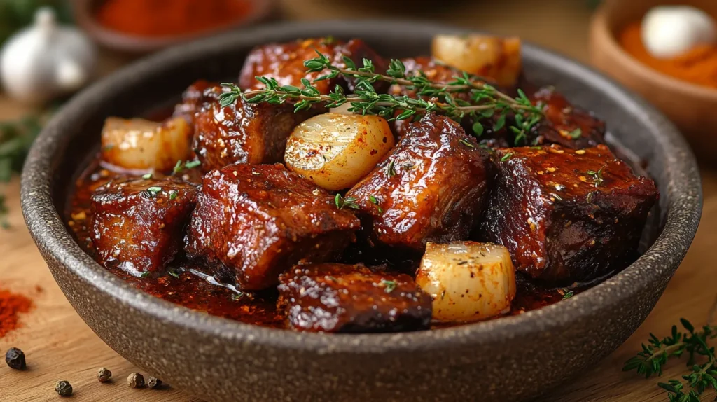 Rich oxtail stew garnished with thyme and surrounded by seasoning spices.