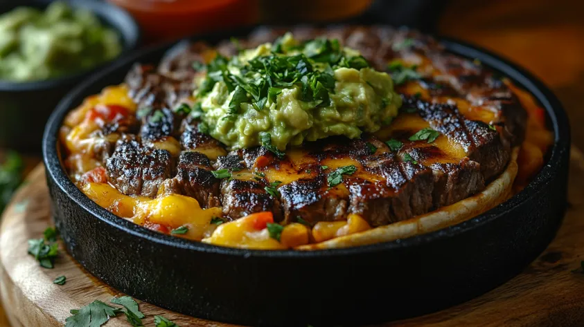 Golden steak quesadilla on a skillet with cheese oozing out, served with guacamole and salsa.