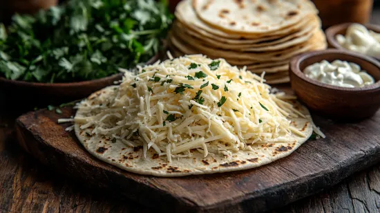 Shredded Oaxaca, Monterey Jack, and mozzarella cheeses for quesadillas.