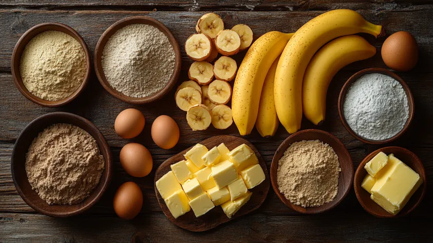 Ingredients for banana bread recipe with two bananas on a wooden table.