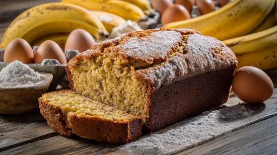 Freshly baked banana bread loaf on a table with bananas and ingredients.