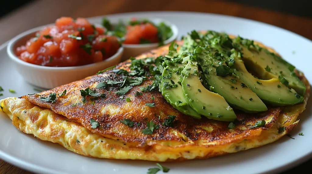 A freshly cooked Mexican omelette garnished with avocado slices, cilantro, and served with salsa.