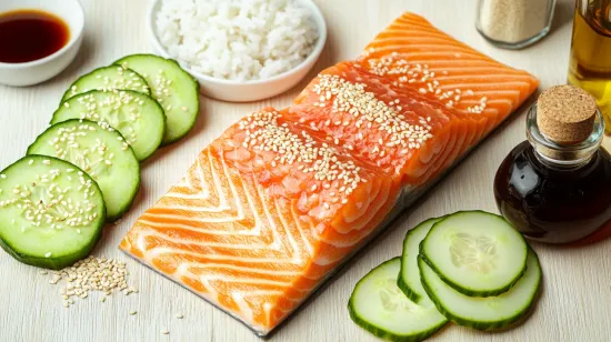 Ingredients for a salmon rice bowl recipe including salmon fillets, rice, avocado, cucumber, sesame seeds, and soy sauce.