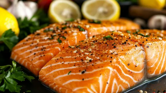 Salmon fillet being seasoned with herbs and spices for cooking.