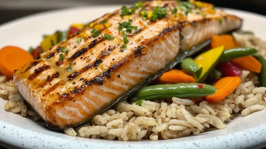 Grilled salmon served on brown rice with fresh vegetables.