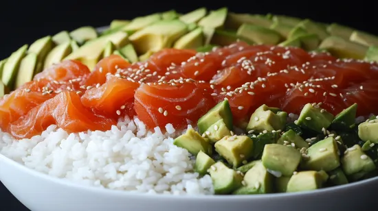 Step-by-step preparation of a smoked salmon poke bowl.