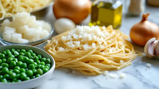 Pasta and peas ingredients on a marble countertop.