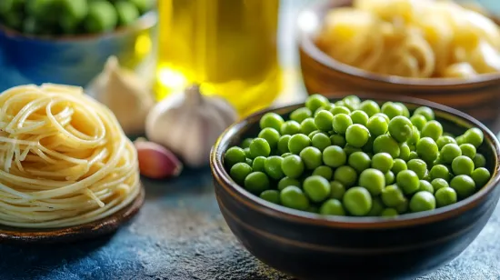 Fresh peas with pasta, garlic, and olive oil in a rustic Italian kitchen.