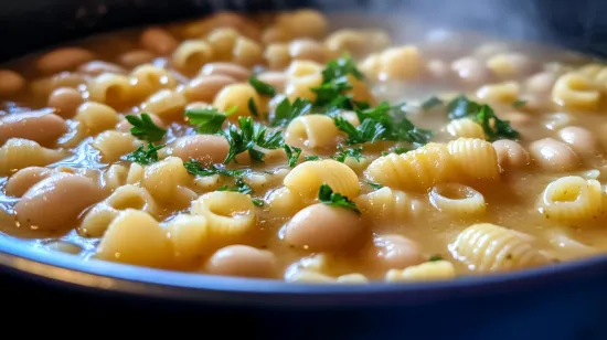 Steaming bowl of Italian pasta e fagioli with white beans and parsley