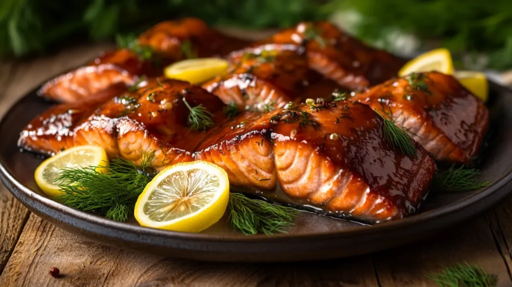 Beautifully plated smoked salmon with dill and lemon slices.