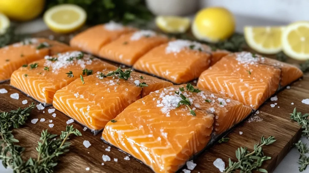 Fresh salmon filets on a cutting board with salt and herbs