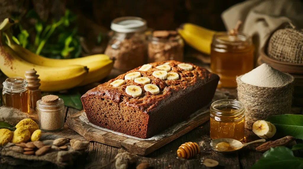 Flourless banana bread on a wooden table with bananas and honey.