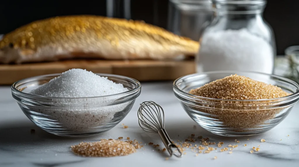 Kosher salt and brown sugar in glass bowls with a fish fillet on a marble counter.