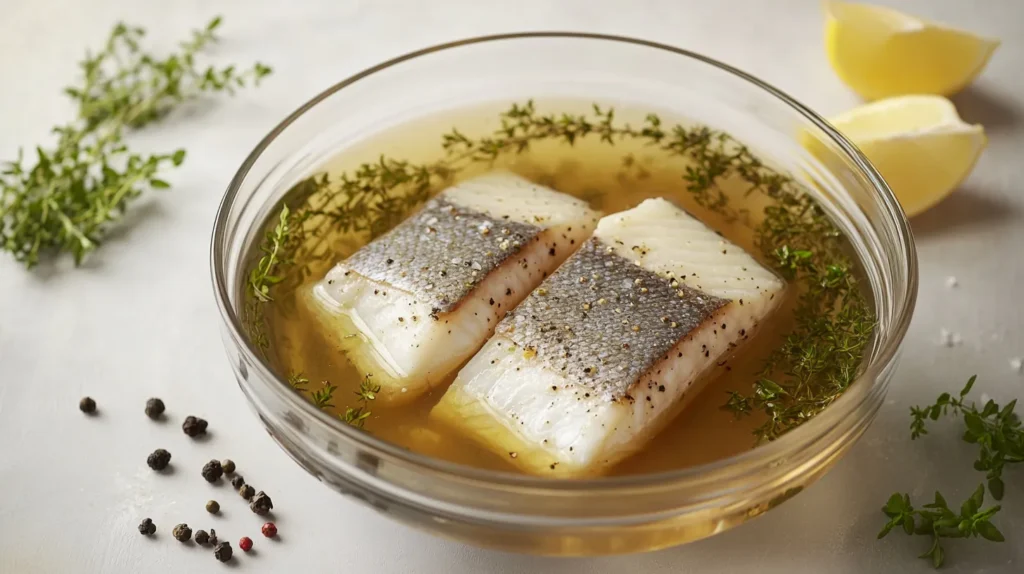 Fish fillets submerged in a brine solution in a glass bowl.