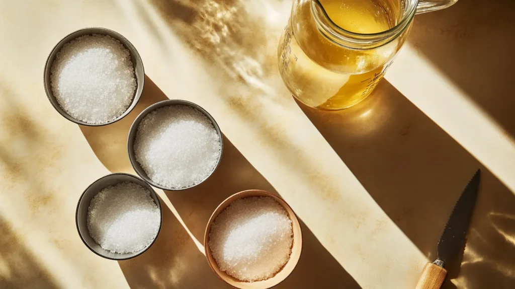 Measuring cups of salt and sugar with water for brine preparation.