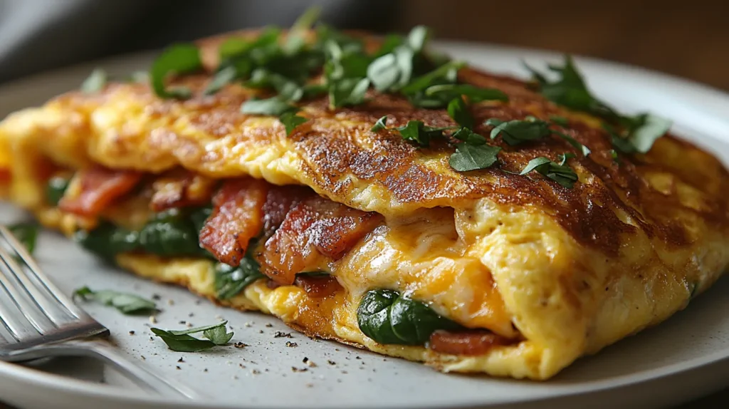 A fluffy Popeye omelette with spinach and melted cheese served on a white plate.