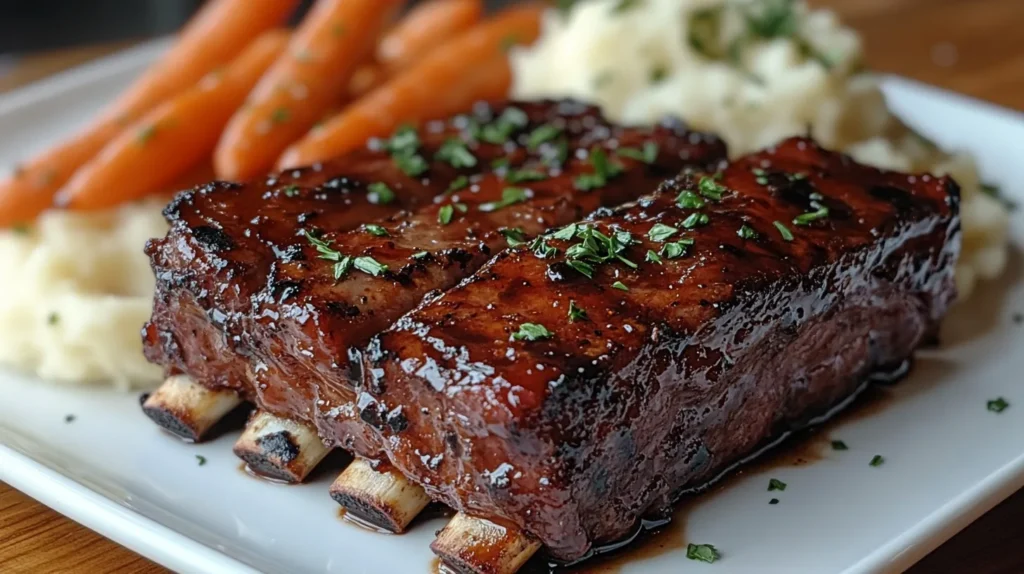 Juicy beef short ribs seasoned with oxtail seasoning, served with mashed potatoes and veggies.