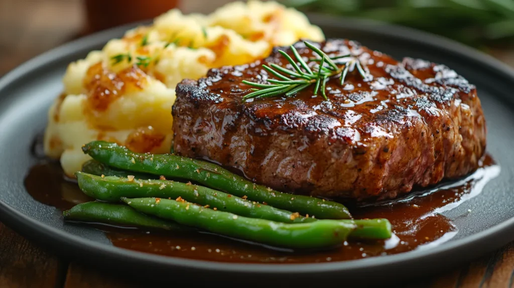 A perfectly cooked chopped steak served with mashed potatoes and green beans, topped with a rich brown gravy.