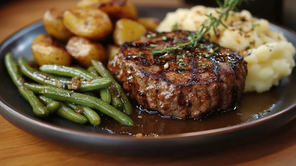 A beautifully plated chopped steak with a side of mashed potatoes and green beans, topped with a rich brown gravy.