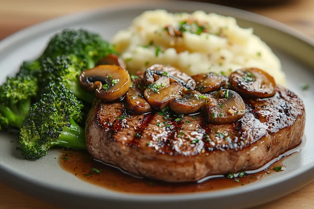 A plate of Texas Roadhouse Chop Steak topped with mushrooms and onions, served with mashed potatoes and steamed broccoli.