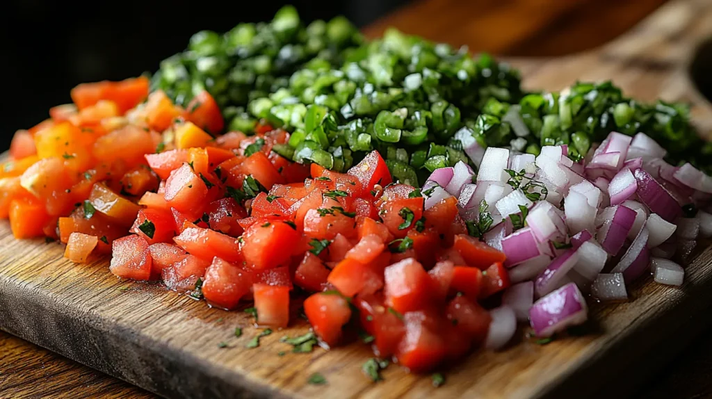 Freshly chopped tomatoes, jalapeños, onions, and bell peppers arranged on a cutting board.