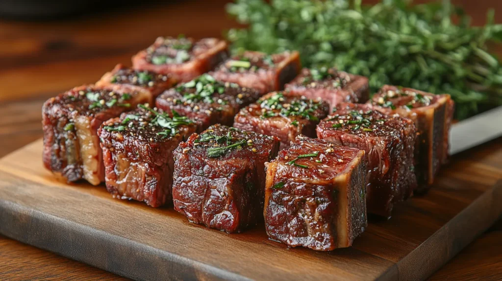 Raw oxtails and short ribs on a butcher’s board with fresh herbs.